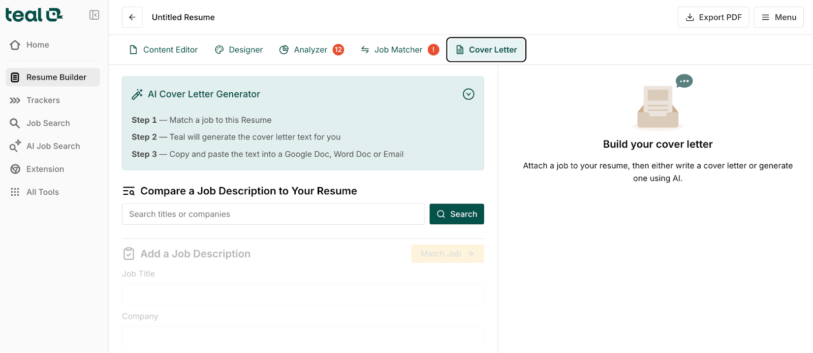 Teal cover letter generator dashboard showing steps to create a cover letter, job description matching, and a resume-based workflow interface