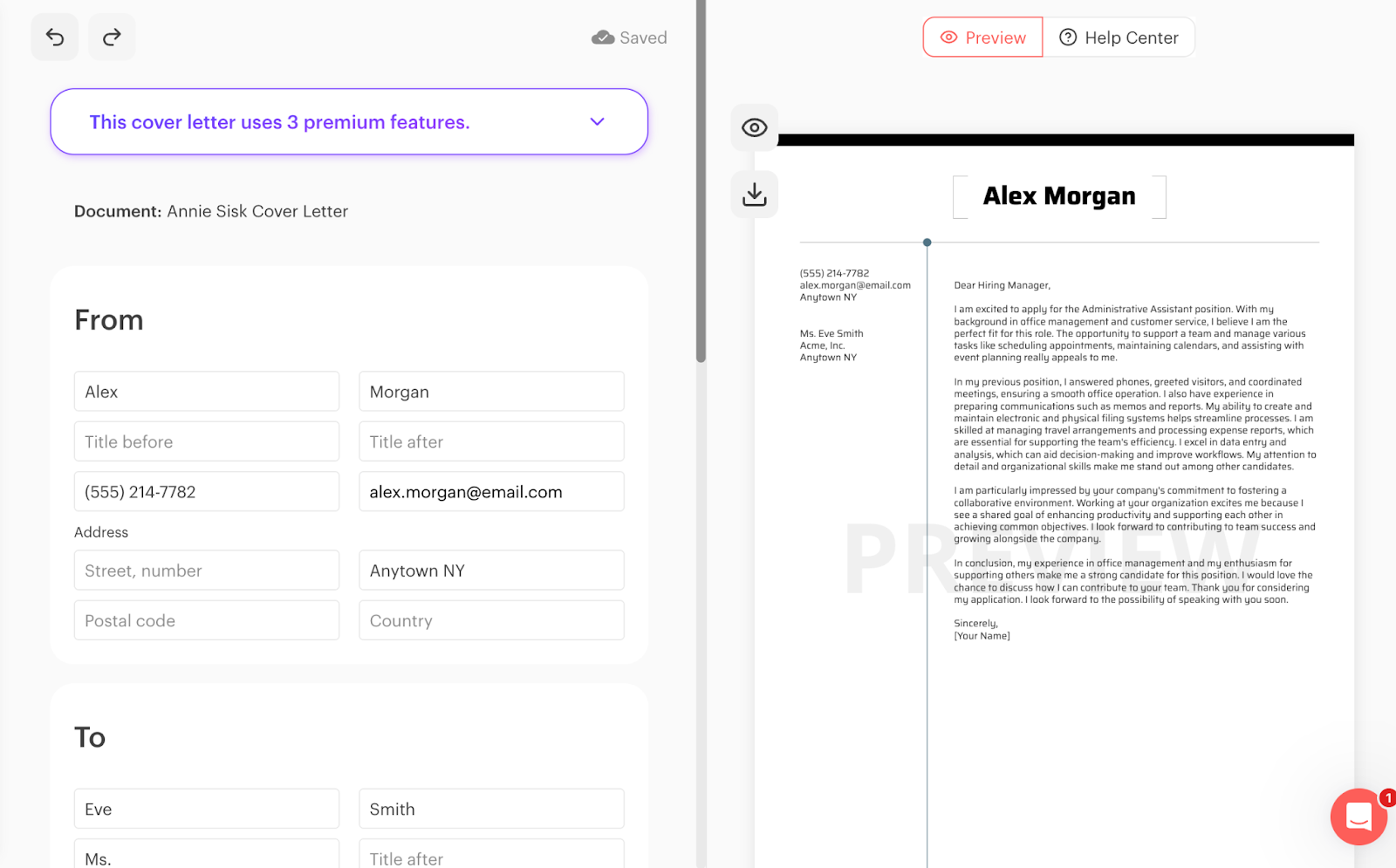 Kickresume cover letter generator interface showing input fields for personal and recipient details on the left and a live cover letter preview on the right