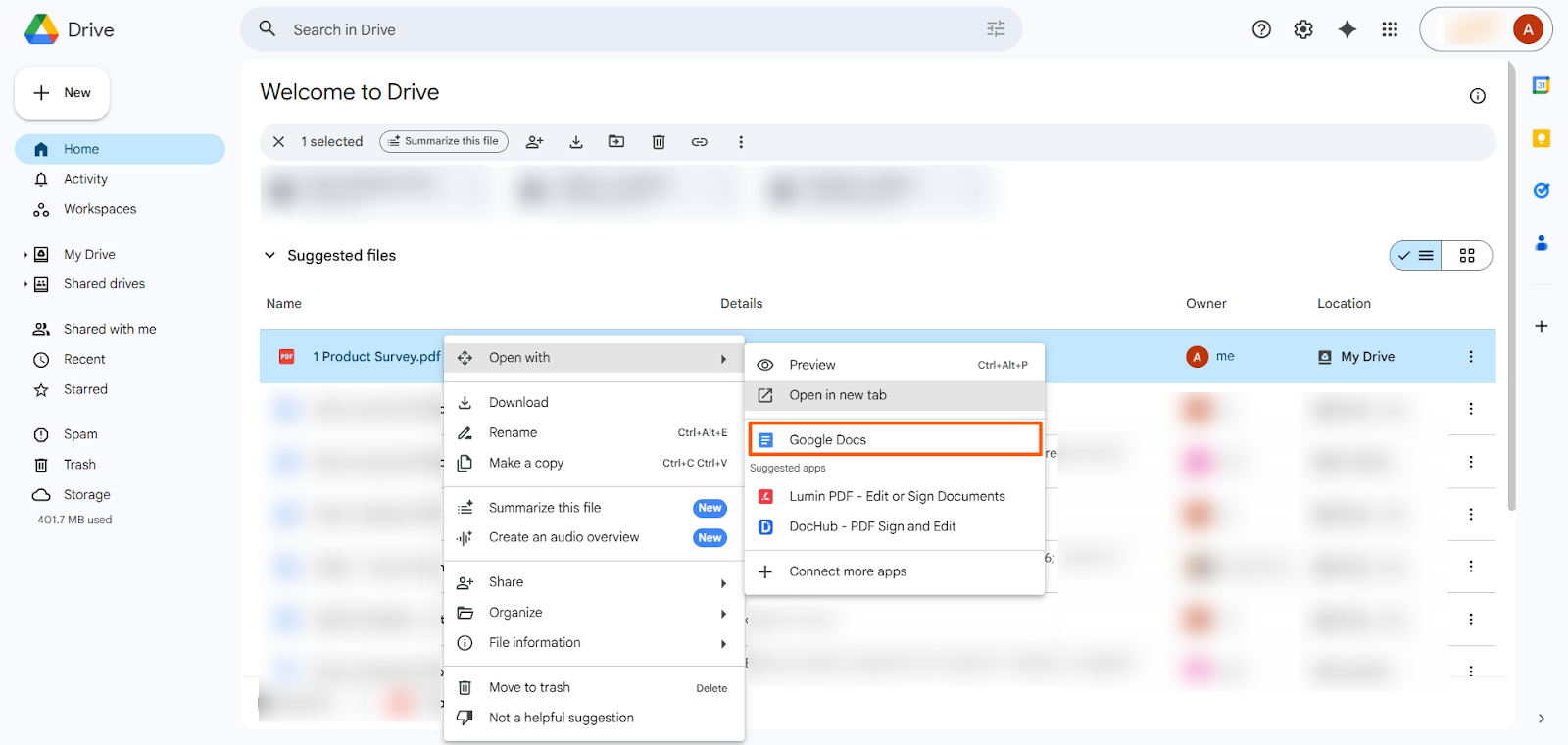 Google Drive Open PDF with Google Docs