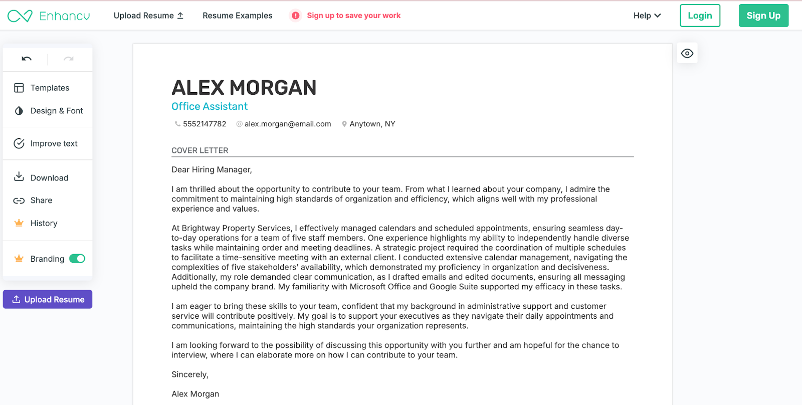 Enhancv cover letter editor showing a completed cover letter with formatting tools and a sidebar for templates and customization options