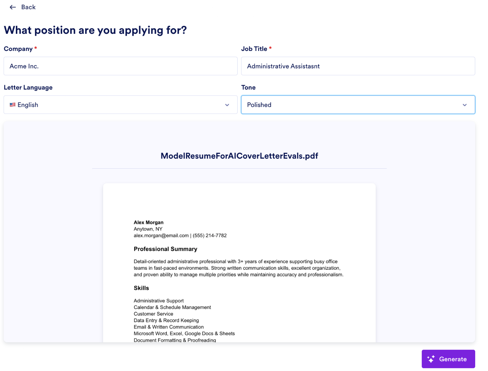 Jotform AI Cover Letter Generator form showing fields for company name, job title, language, and tone, along with a resume preview and a “Generate” button