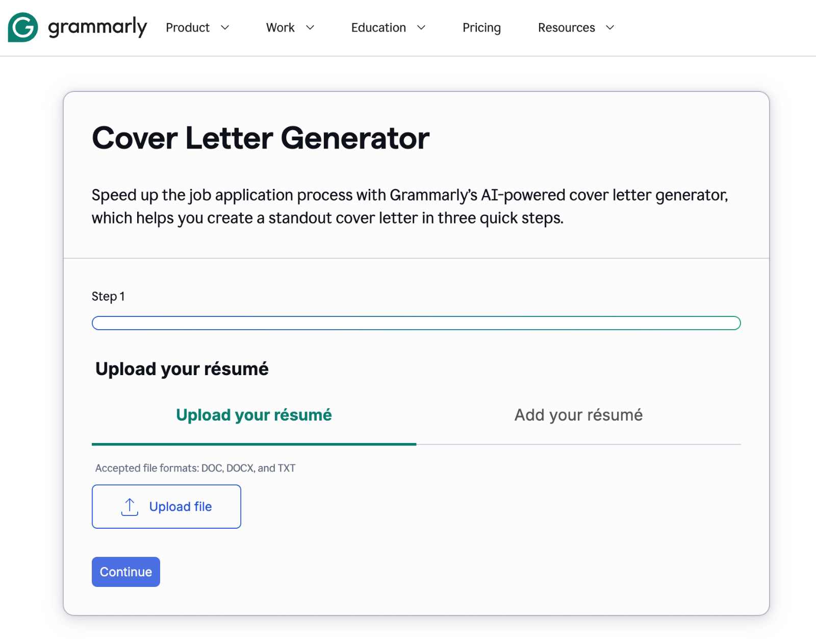 Grammarly AI Cover Letter Generator interface showing step one with an option to upload a résumé file and a progress bar at the top