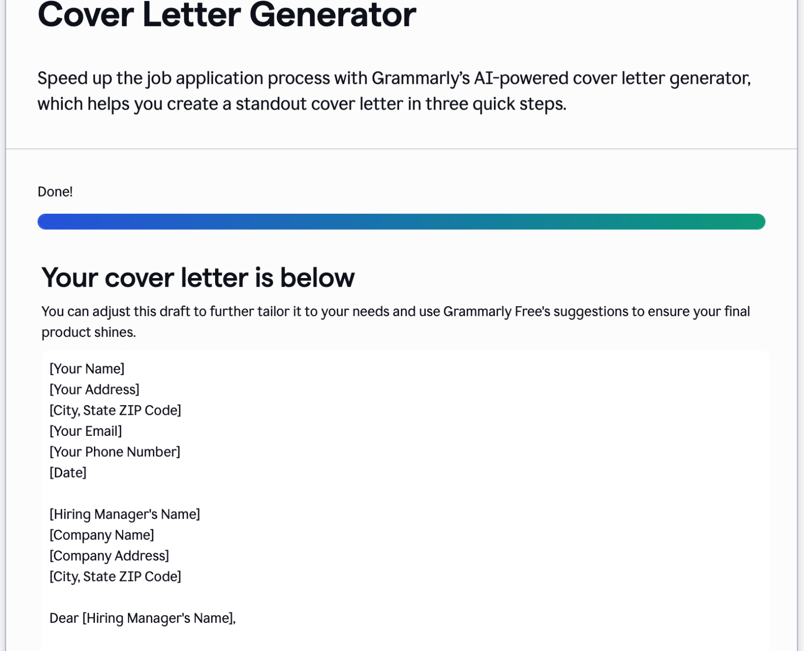 Grammarly cover letter generator displaying a completed draft with placeholder contact details and a progress bar indicating the process is done