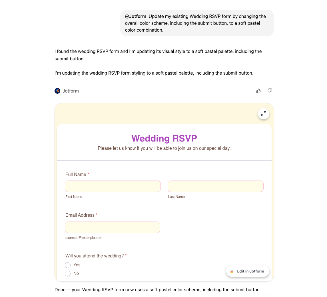 Updating the existing color scheme of the form inside ChatGPT