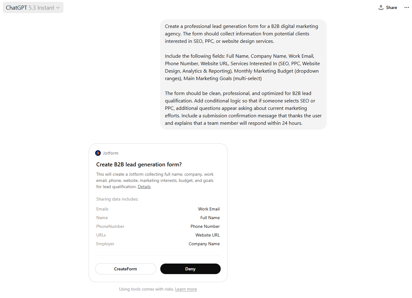 Screenshot from ChatGPT with the Jotform ChatGPT app in action
