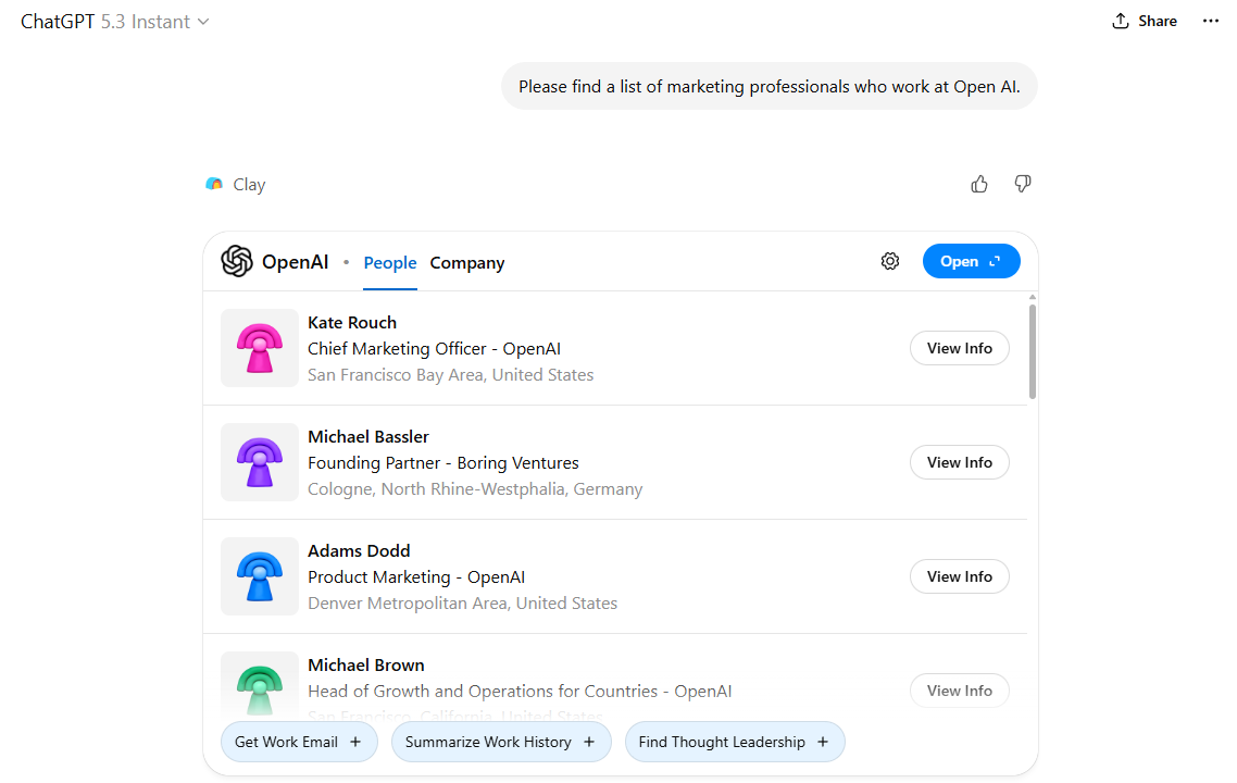 Screenshot from ChatGPT with the Clay ChatGPT app in action