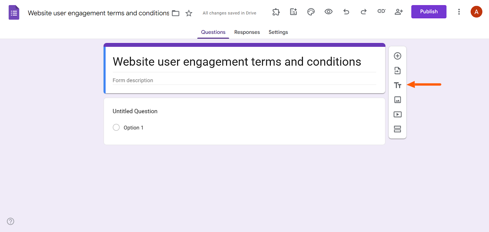 Screenshot of the Google Forms editor with the text title icon in the right-side toolbar highlighted