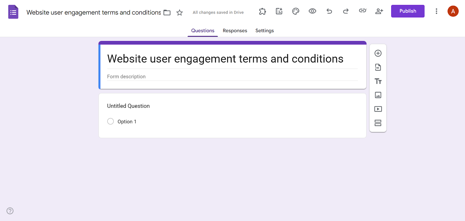 Screenshot of a new Google form with the title “Website user engagement terms and conditions” entered at the top