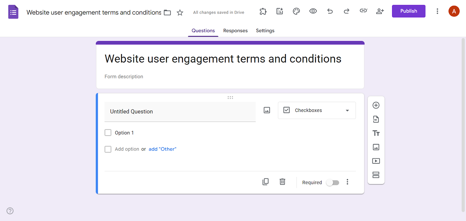 Screenshot of the Google Forms editor with the default question selected and the answer type set to Checkboxes