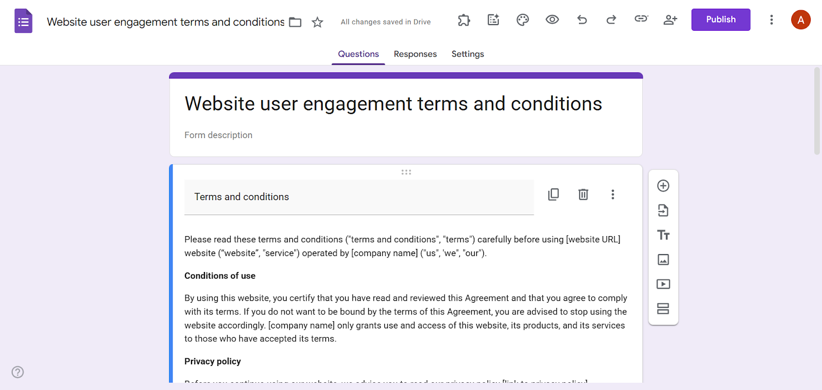 Screenshot of a Google Forms text block titled “Terms and conditions” with terms text entered in the description area