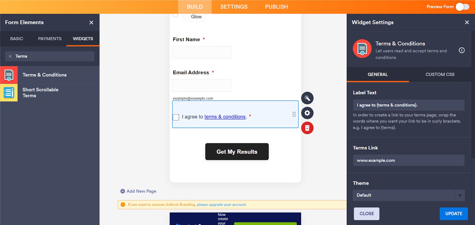 Screenshot of the Jotform form builder with the Terms & Conditions widget selected from the Widgets panel and added to the form
