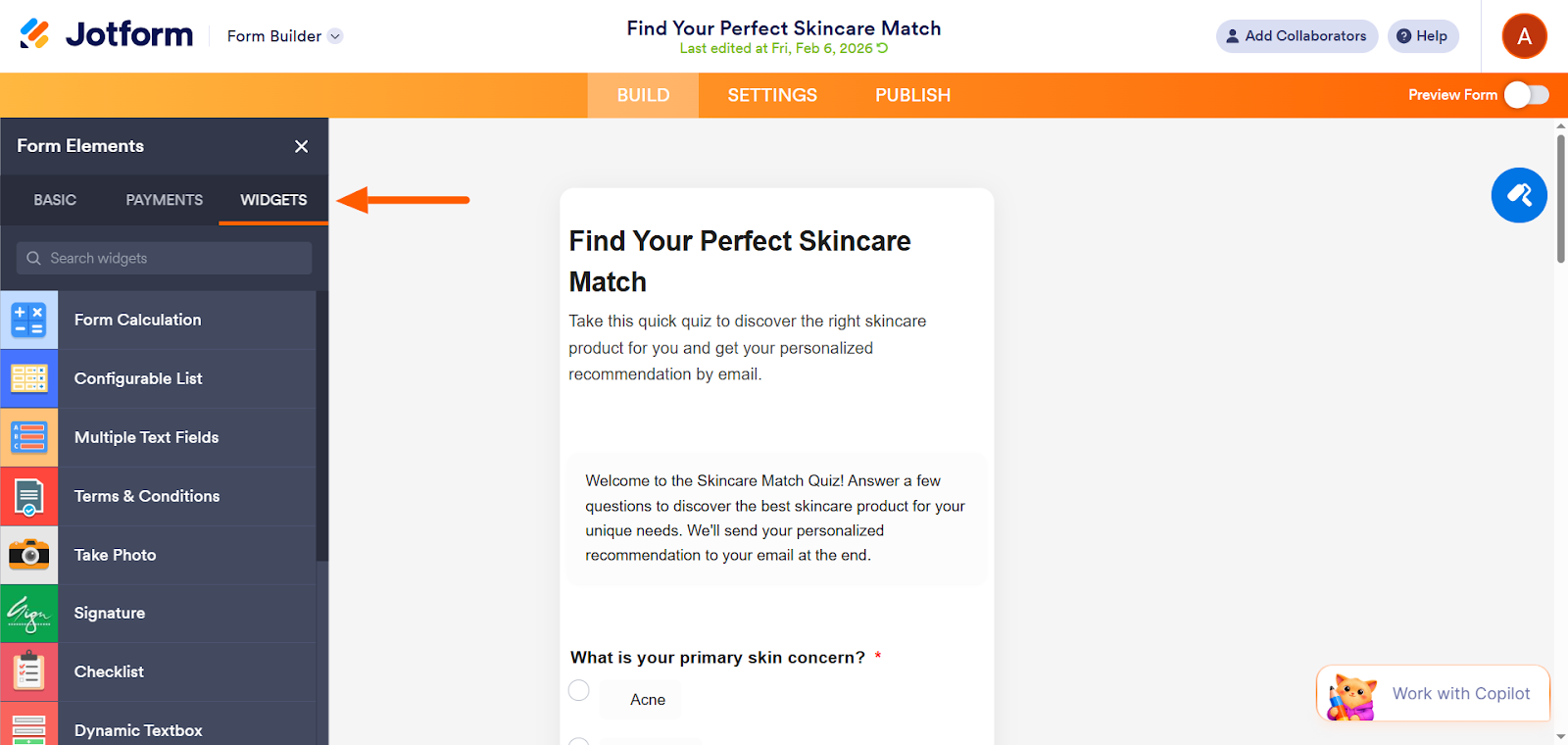 Screenshot of the Jotform Form Builder with the Widgets tab highlighted in the Form Elements panel