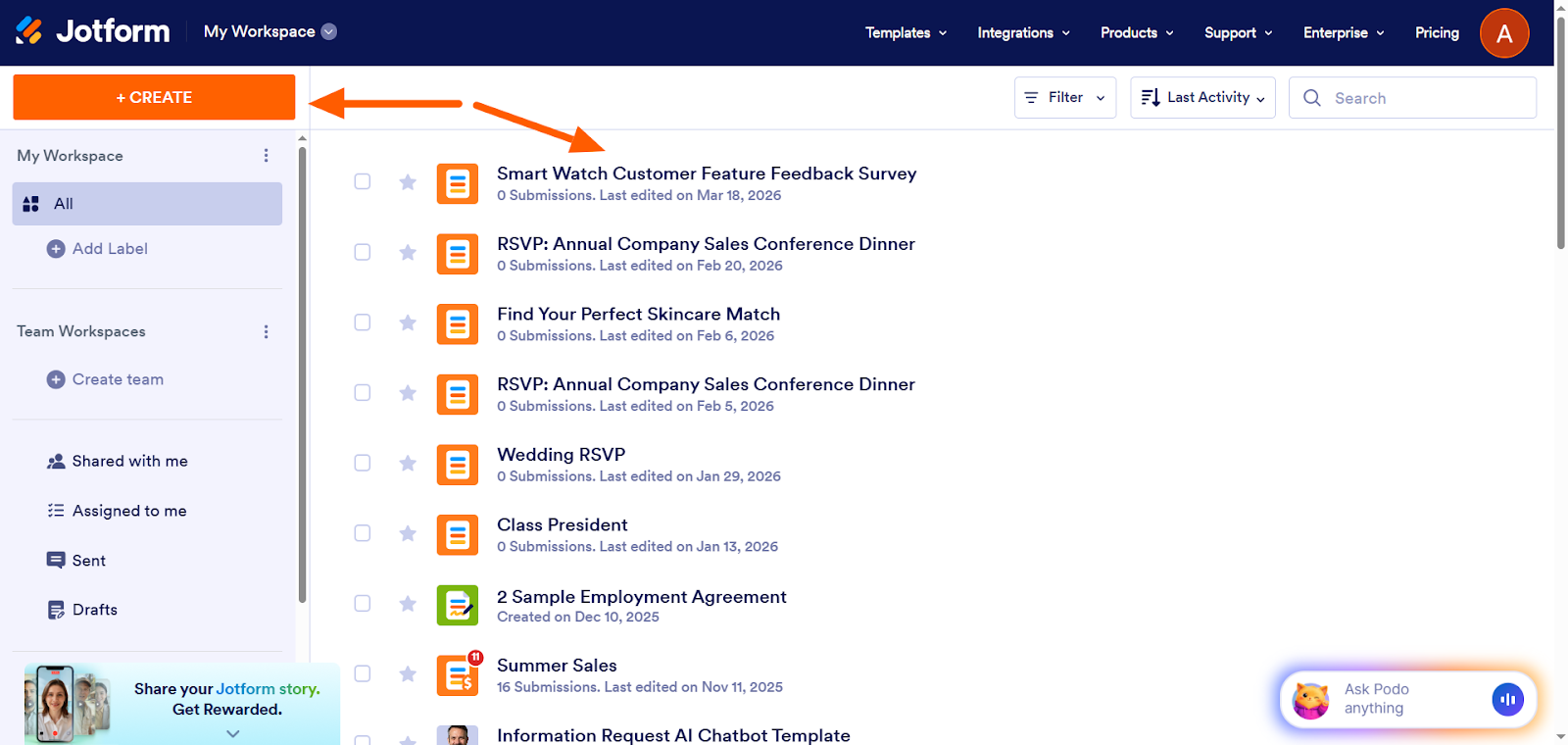 Screenshot of the Jotform My Workspace page with the Create button and an existing form highlighted