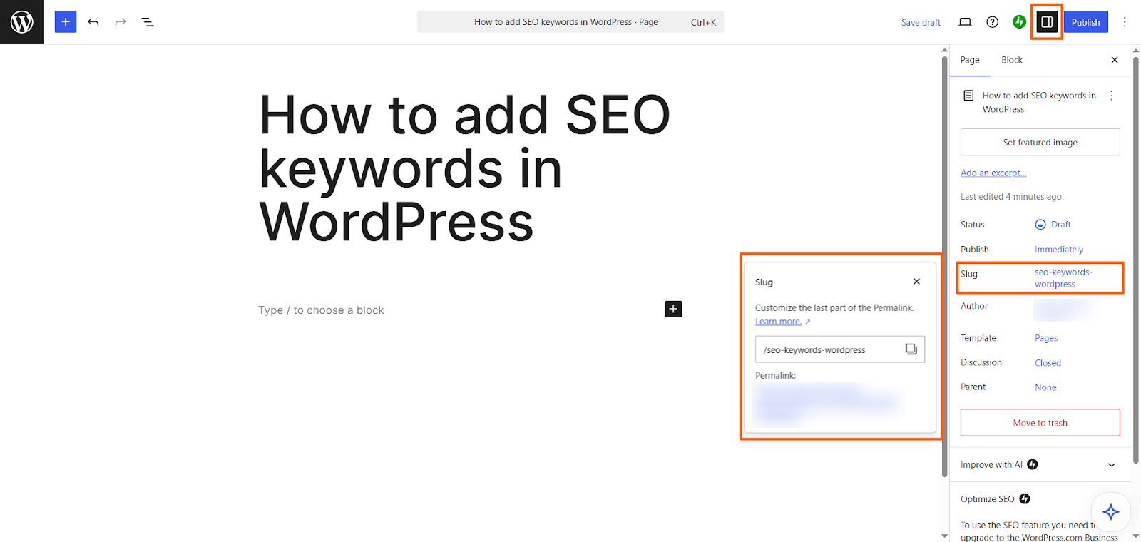 Screenshot of the WordPress editor displaying the page settings panel with the URL slug field highlighted, showing how to edit the permalink for SEO keywords