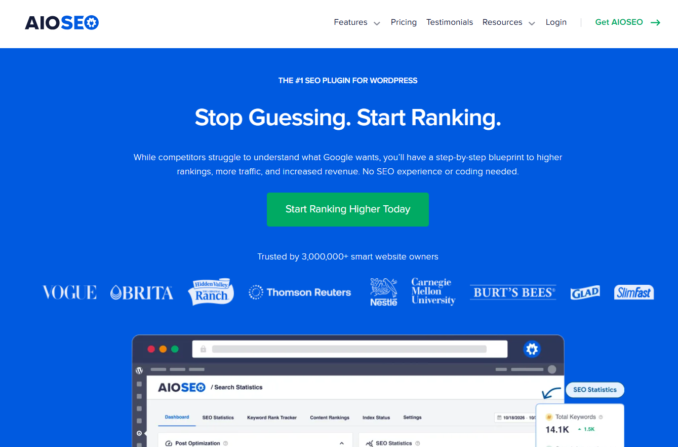 Screenshot of the AI in One SEO landing page, showing a headline "Stop Guessing