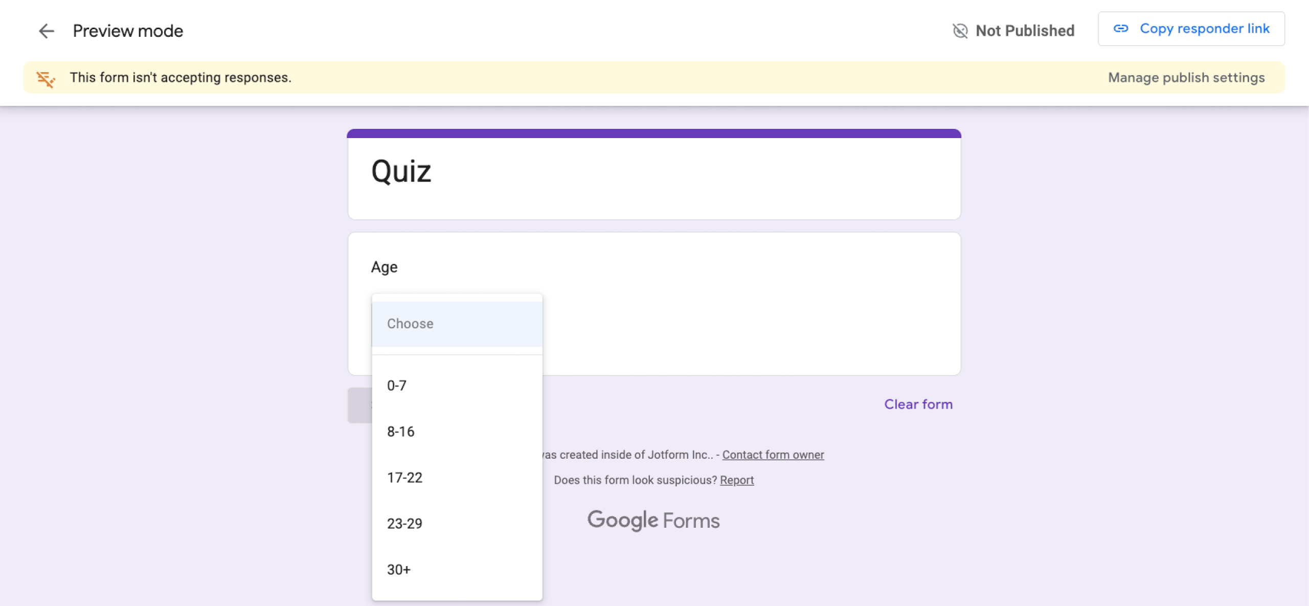 Google Forms dropdown question type