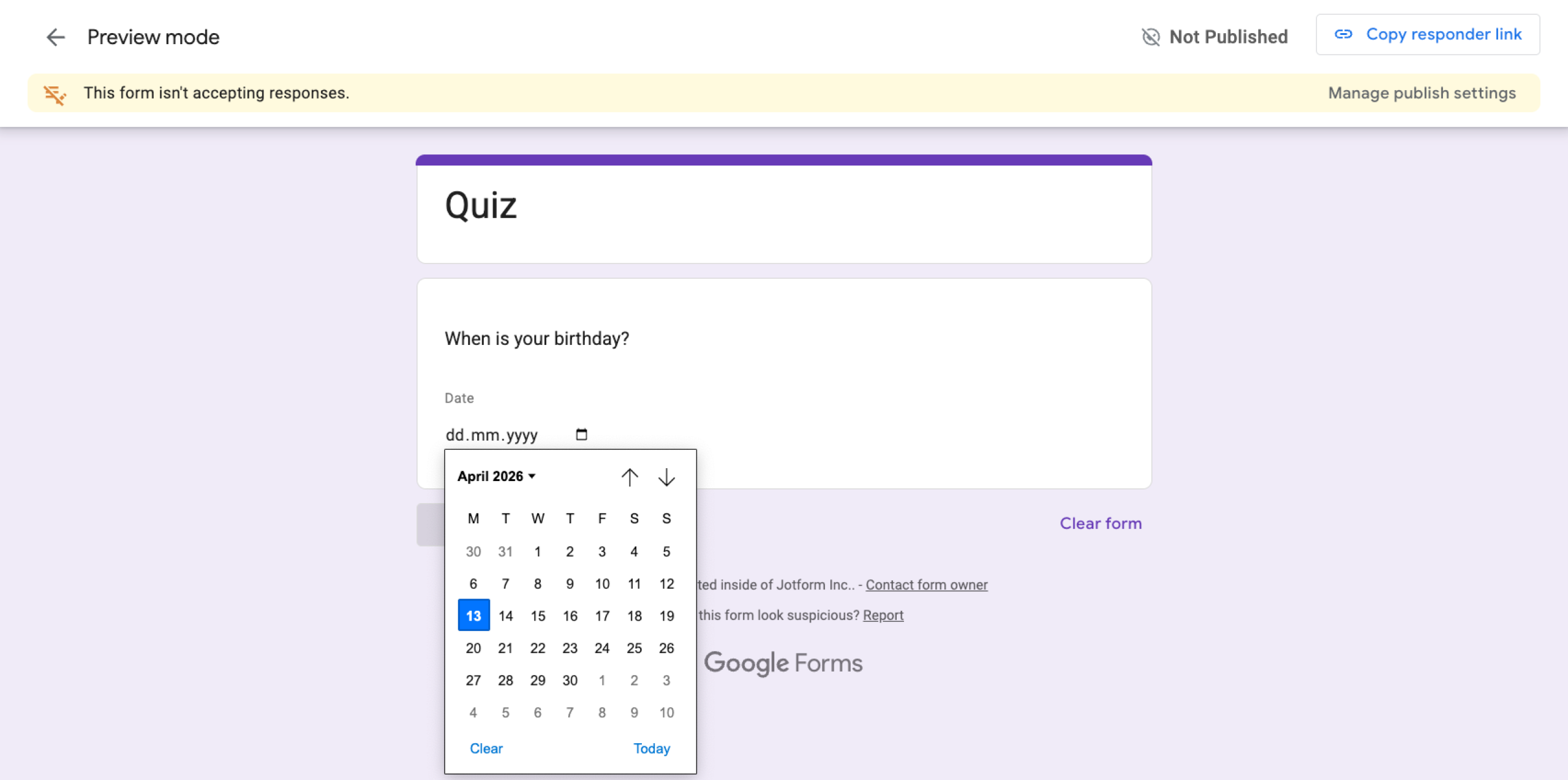 Google Forms Date question type