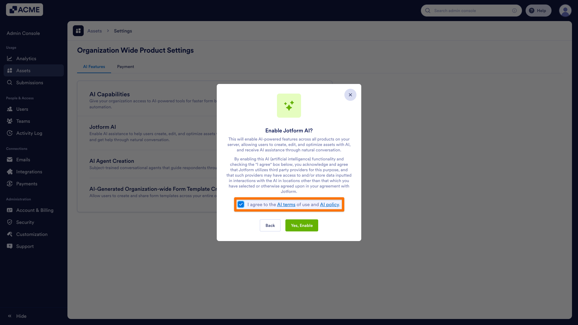 How to Enable or Disable the Jotform AI Organization-Wide from the Admin Console Image-8