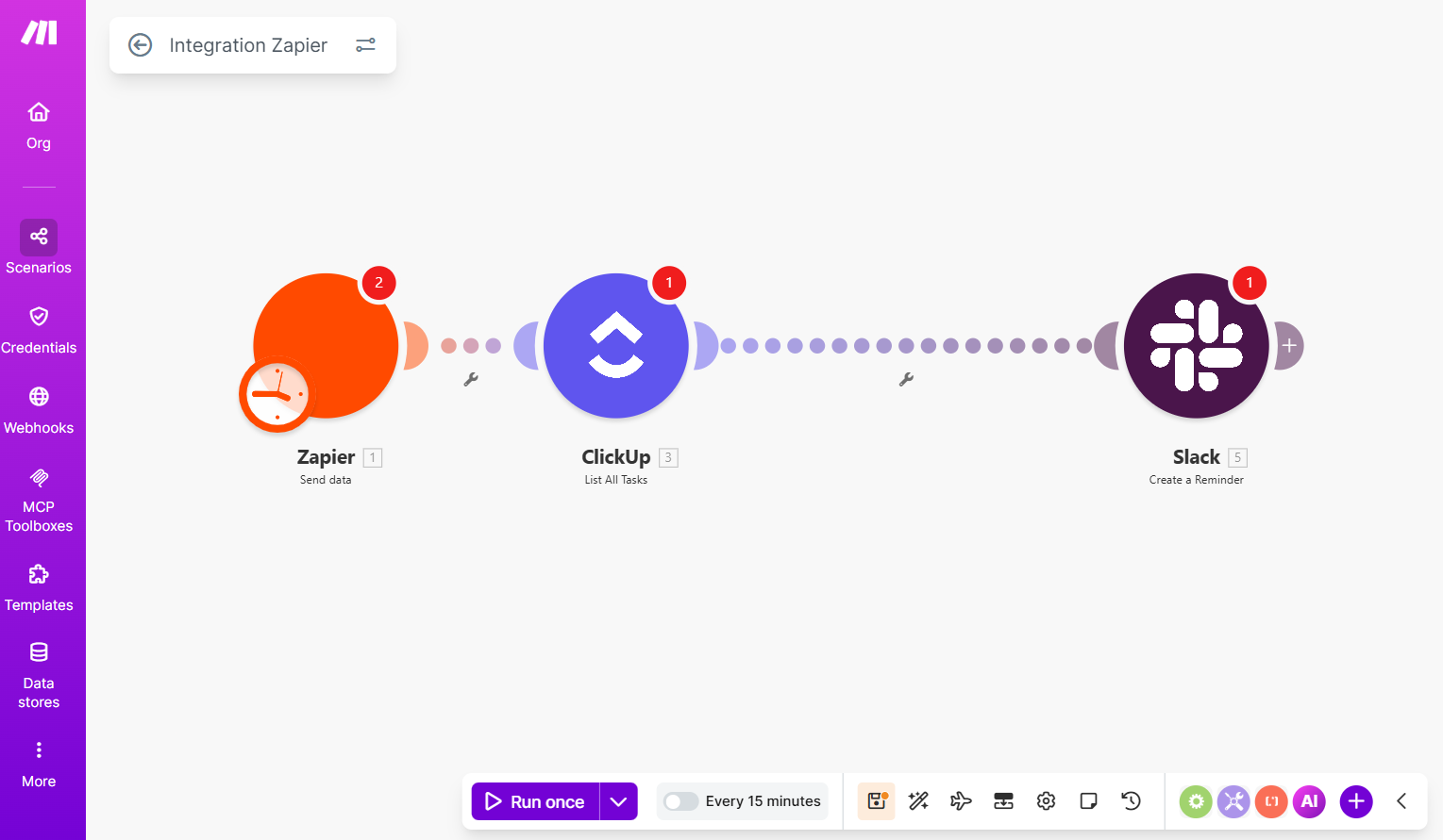 Make AI workflow builder showing a visual automation connecting Zapier, ClickUp, and Slack with modular scenario mapping
