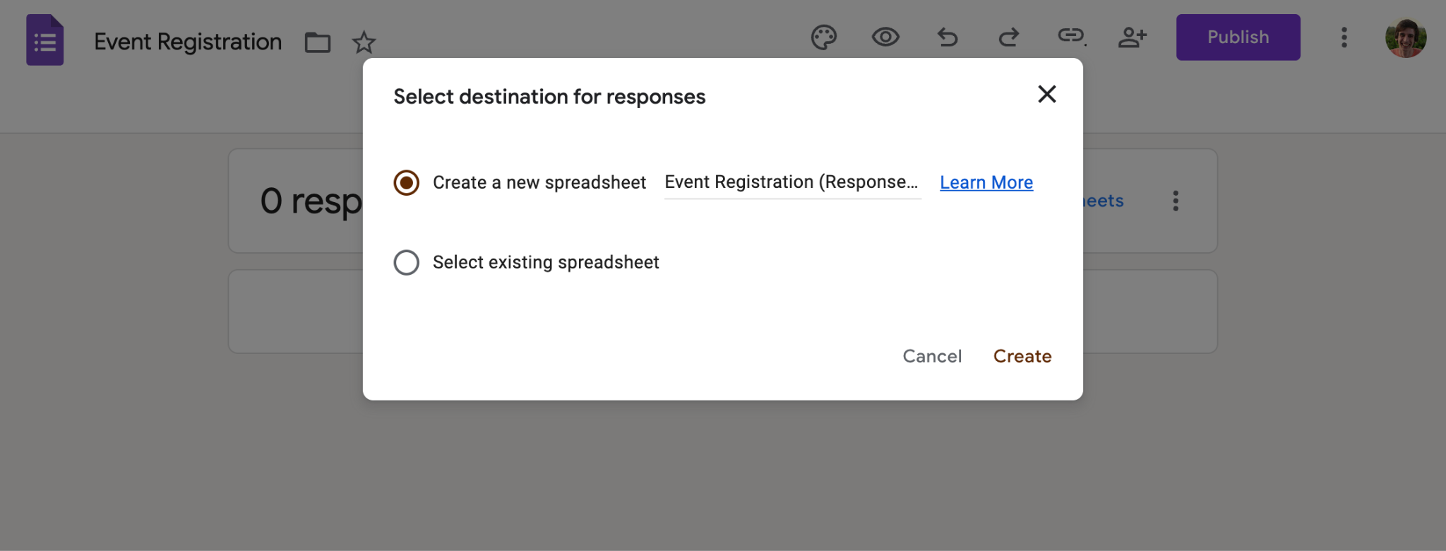 Google Forms Create a new spreadsheet option