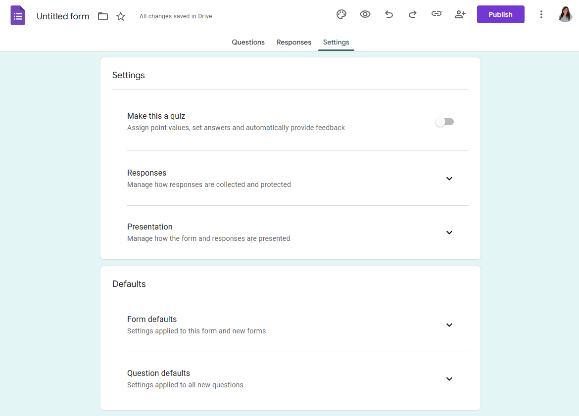 Screenshot from Google Forms' settings interface showing what settings users can change