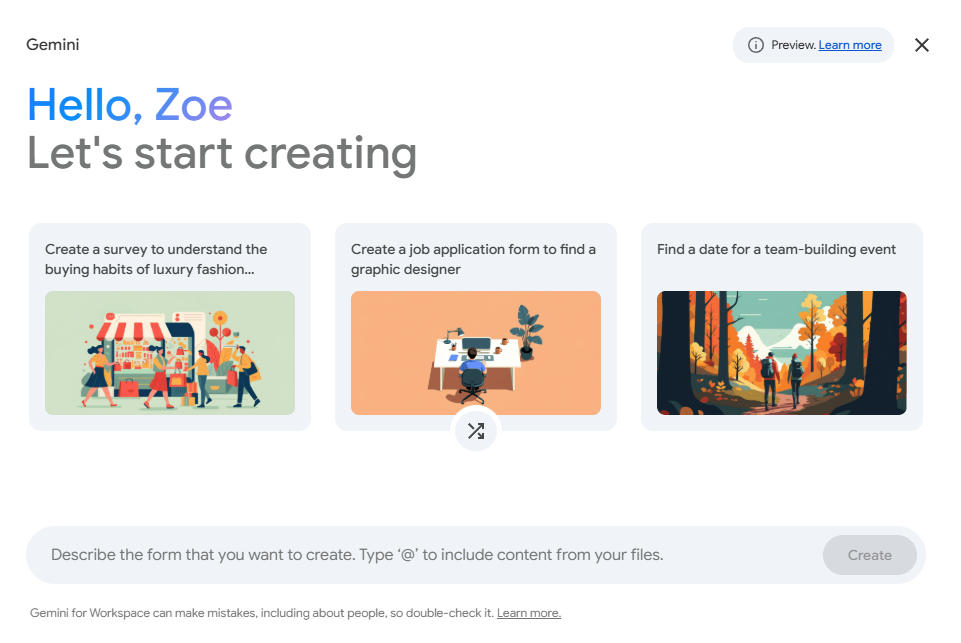 Screenshot from my Google Workspace account shows how you can use Gemini to create a Google Form