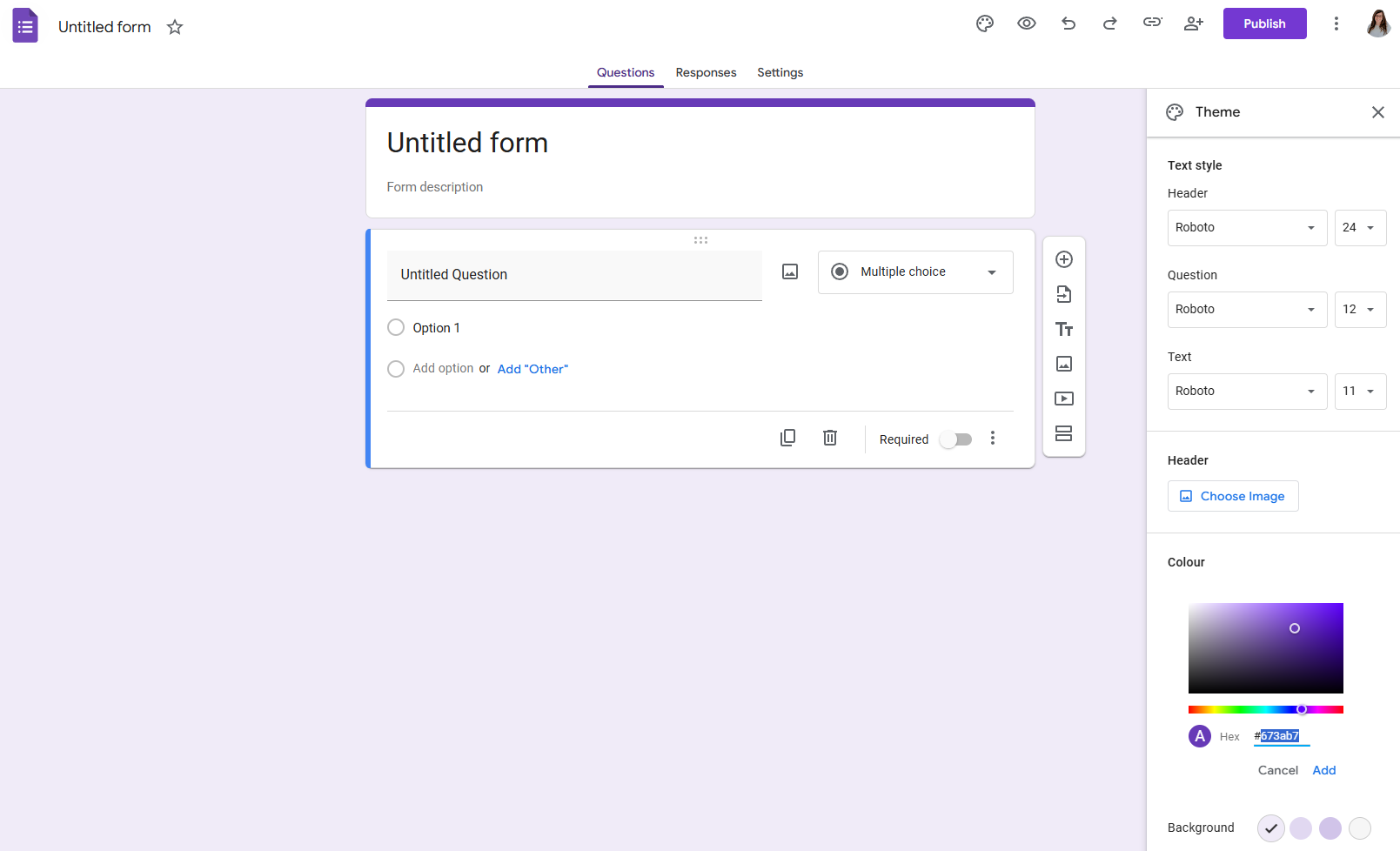 Screenshot from Google Forms' customization interface showing what users can change as they create their Google Form