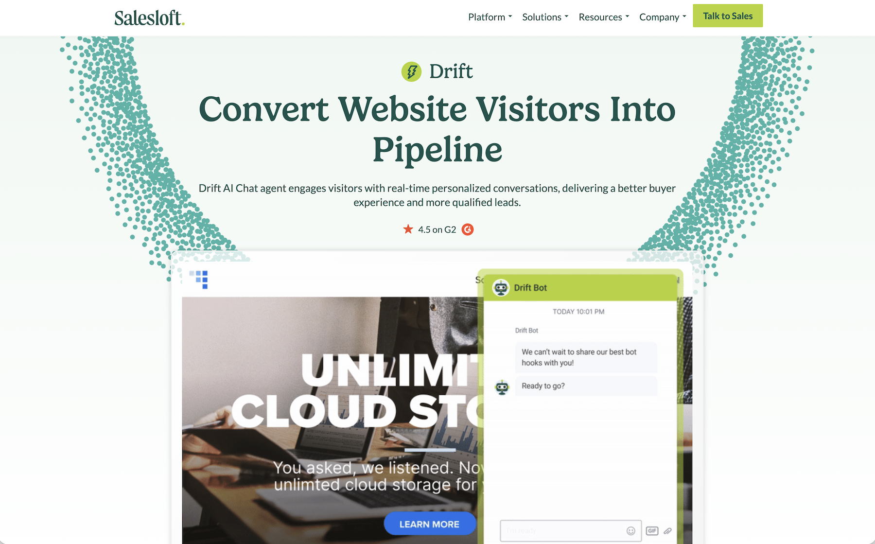Drift website with the words: "Convert Website Visitors Into Pipeline"