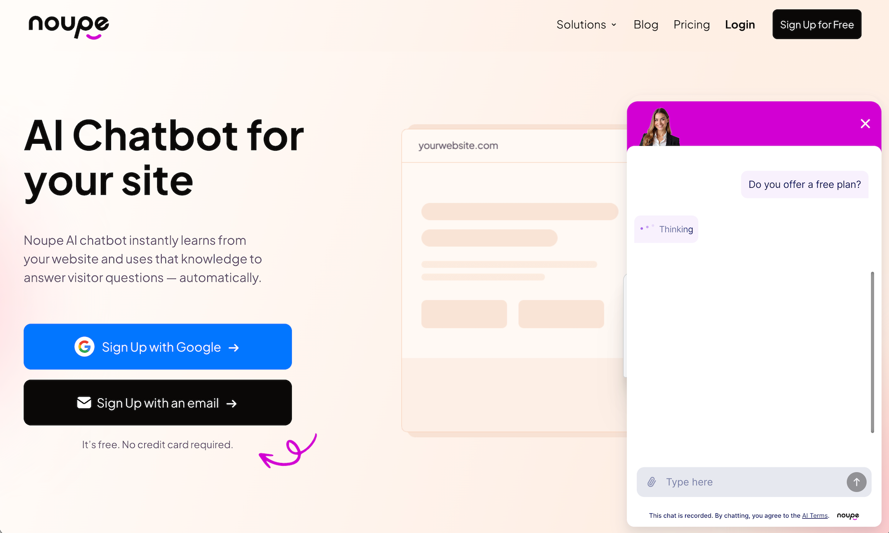 Noupe AI Chatbot website with the words: "AI Chatbot for your site"