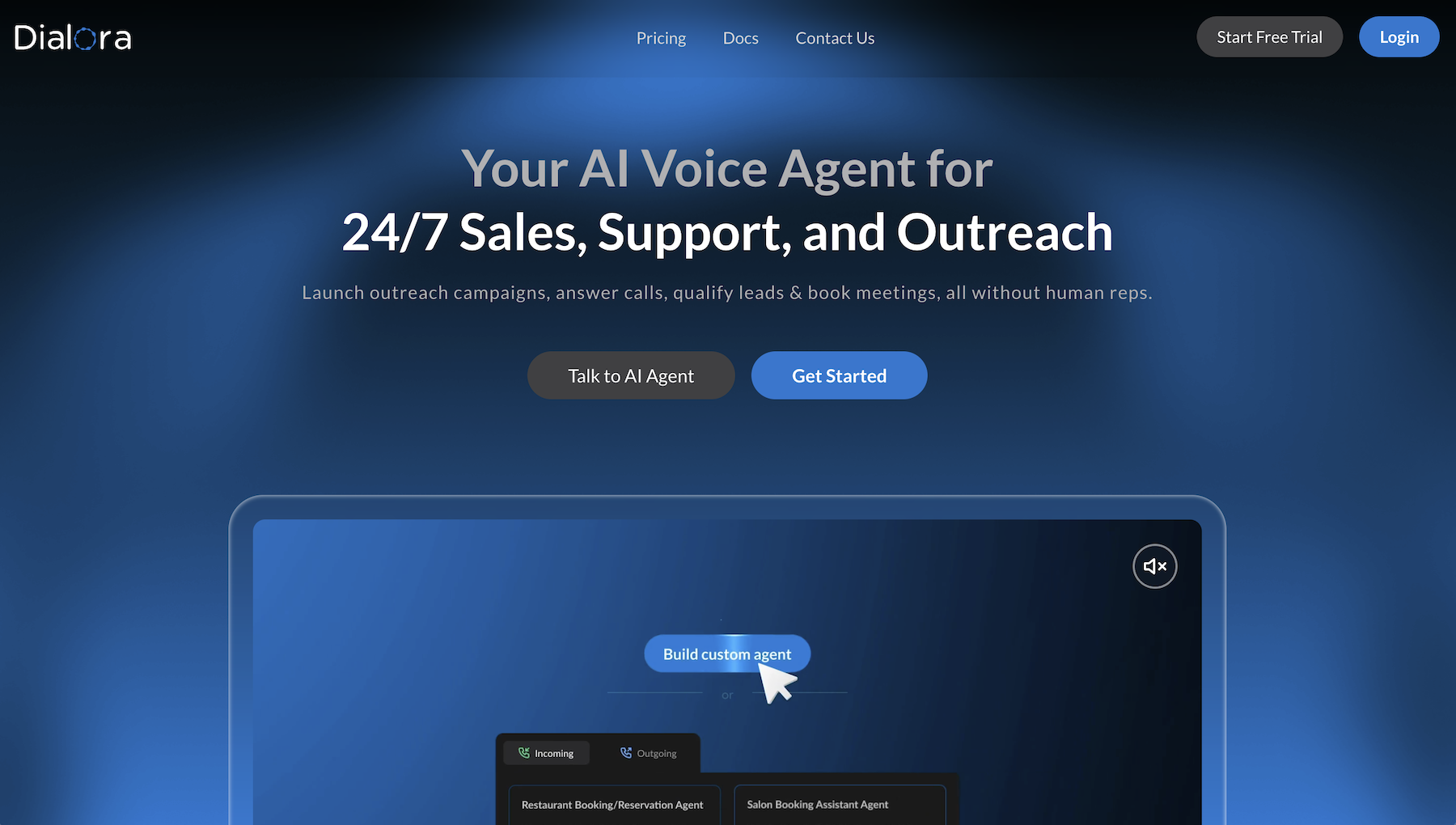 Dialora website with the words: "Your AI Voice Agent for 24/7 Sales, Support, and Outreach"
