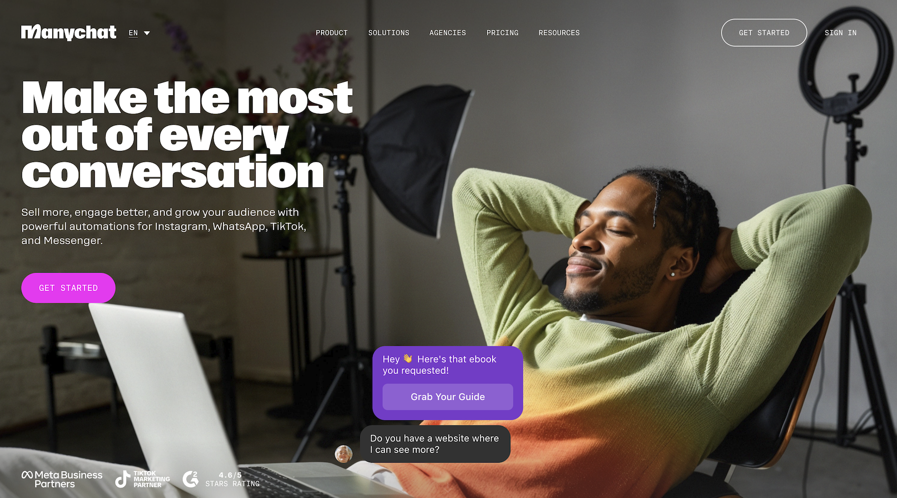 Manychat website with the words: "Make the most out of every conversation"