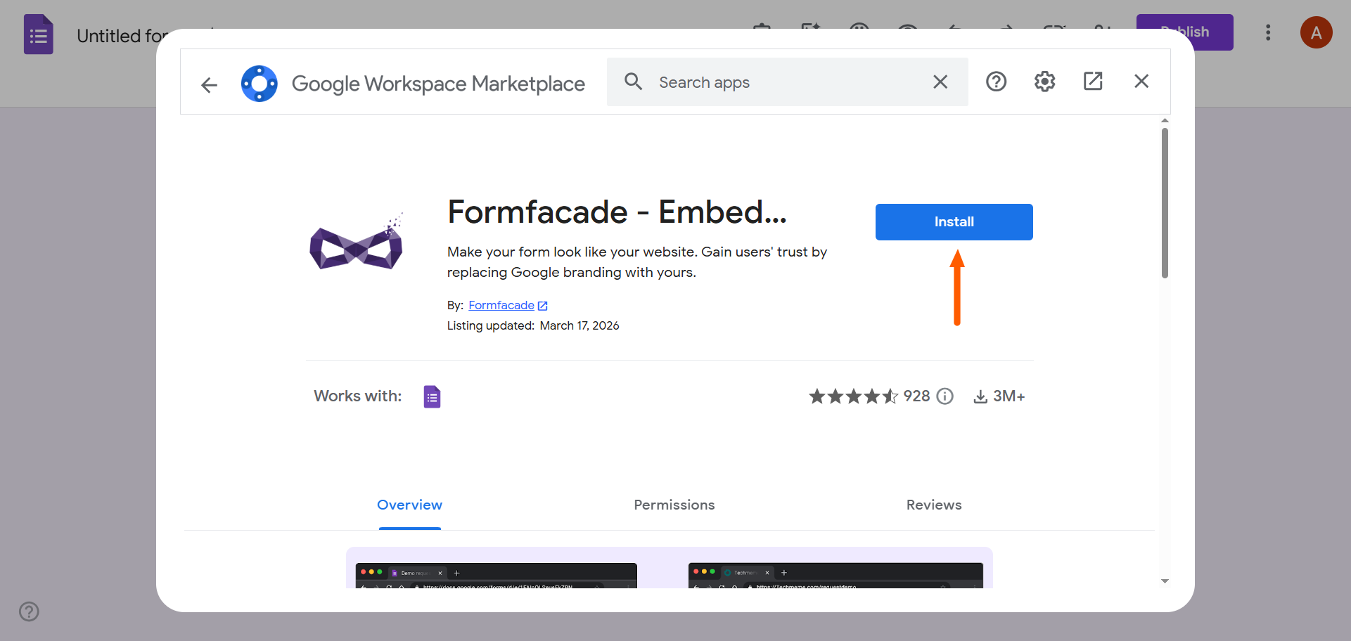 Screenshot of the Formfacade add-on page in Google Workspace Marketplace with the “Install” button highlighted