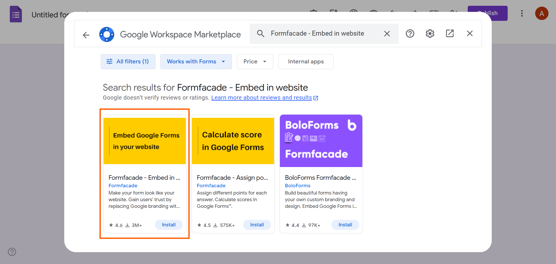 Screenshot of Google Workspace Marketplace showing search results for “Formfacade – Embed in website,” with the add-on highlighted
