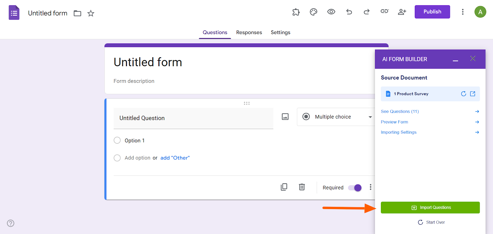 AI Form Builder Import Questions Button