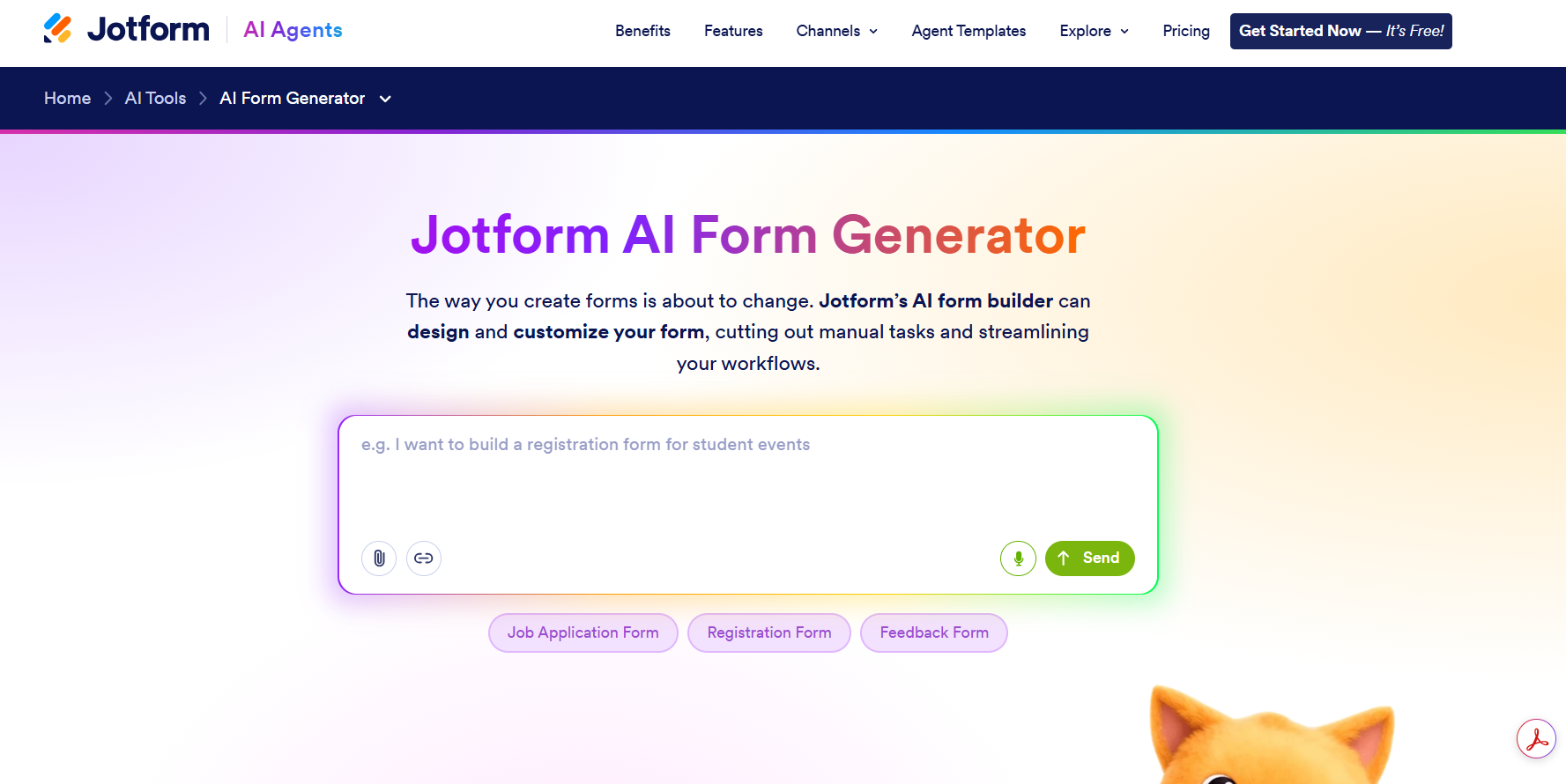 Screenshot of the Jotform AI Form Generator landing page with a prompt input field and “Send” button for generating forms