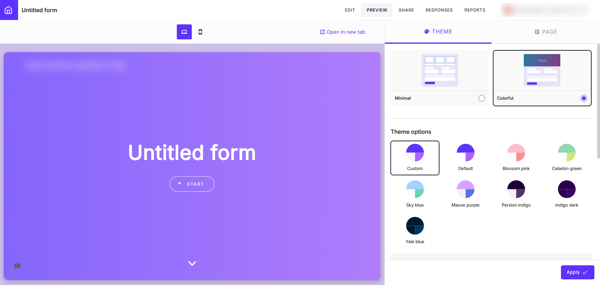 Screenshot of the Theme menu in preview mode showing layout options, color themes, and the “Apply” button