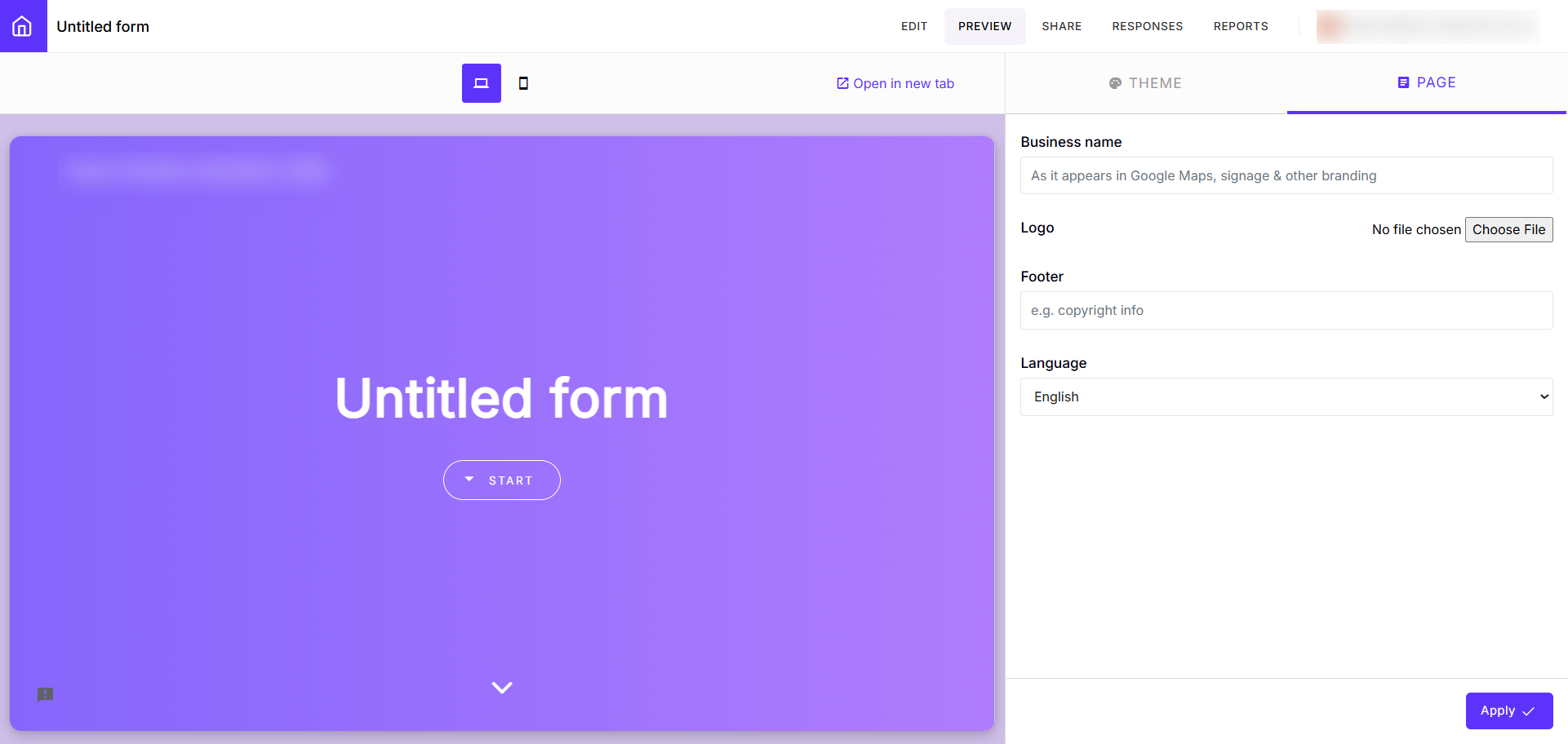 Screenshot of the Formfacade Page settings panel showing options for business name, logo, footer, and language selection