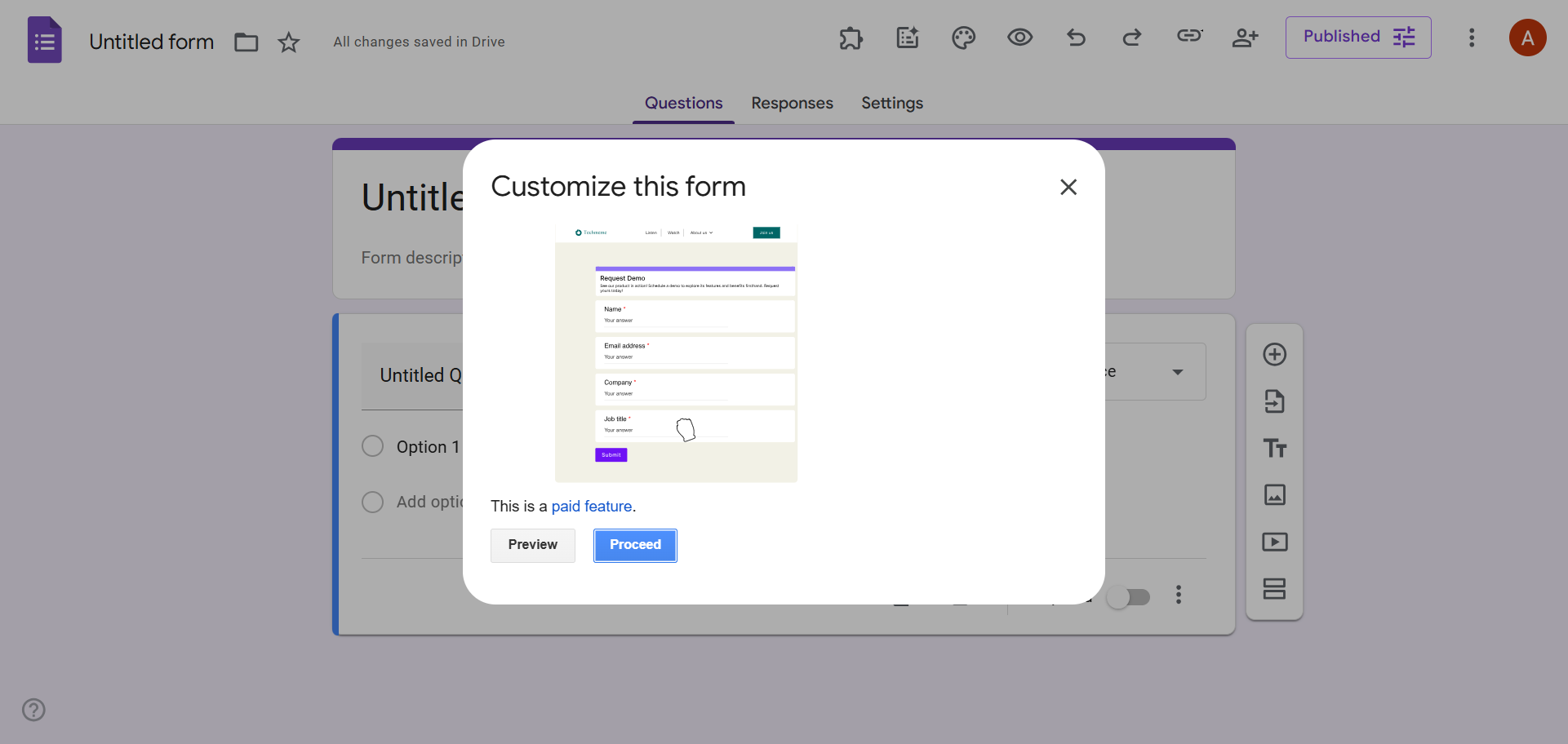 Screenshot of a Formfacade popup titled “Customize this form,” showing a preview and the “Proceed” button highlighted