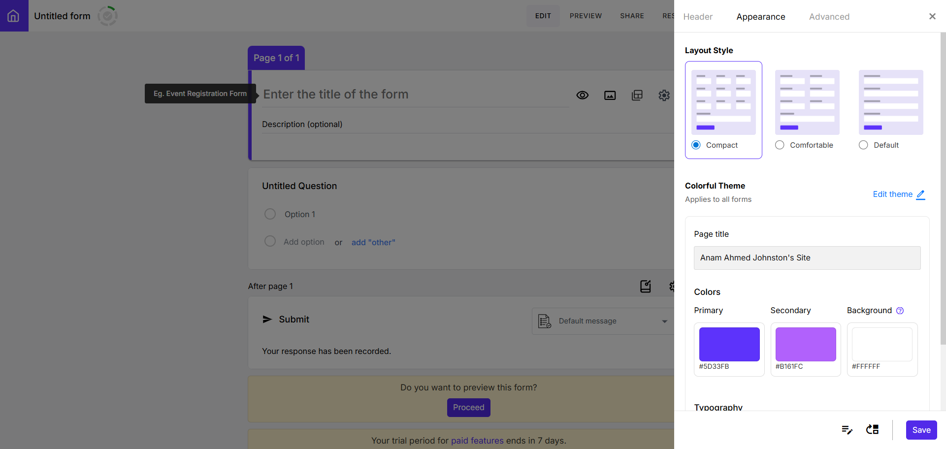 Screenshot of the Appearance panel in Formfacade showing layout styles, color themes, and typography settings