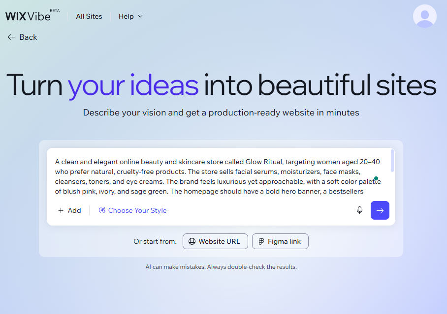 Screenshot of Wix Vibe interface with a prompt input field where users describe their website idea to generate a site using AI