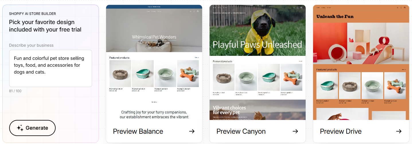 Screenshot of Shopify AI Store Builder showing three generated store design previews with options to preview and select a theme