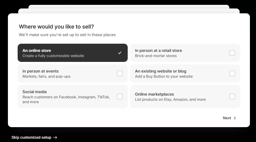 Screenshot of Shopify onboarding screen asking “Where would you like to sell?” with options like online store, retail, social media, and online marketplaces