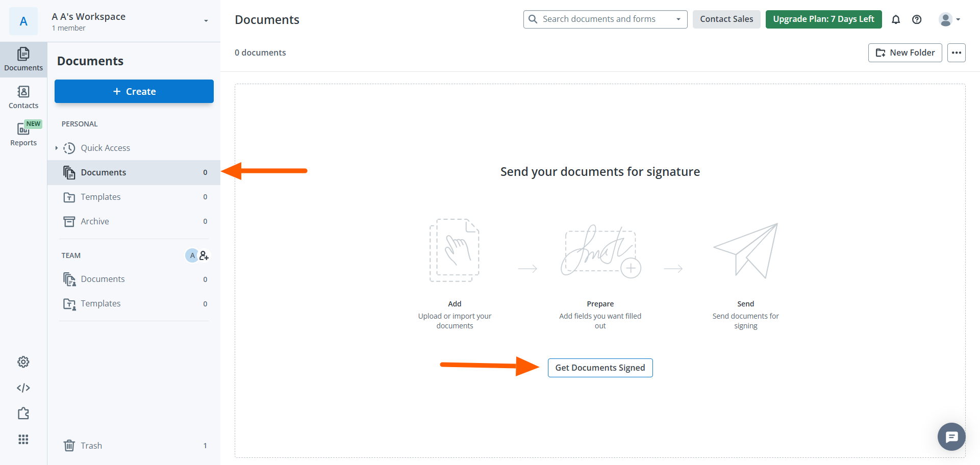 Screenshot of the SignNow dashboard on the Documents page, highlighting the “Get Documents Signed” button in the center