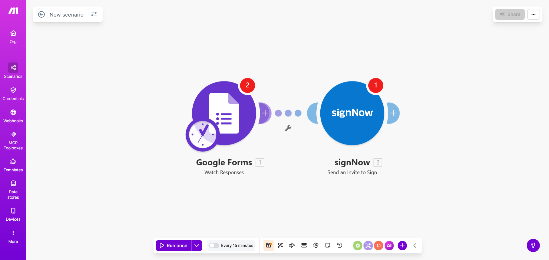 Screenshot of the Make scenario editor showing a Google Forms module connected to a SignNow module, with Google Forms selected