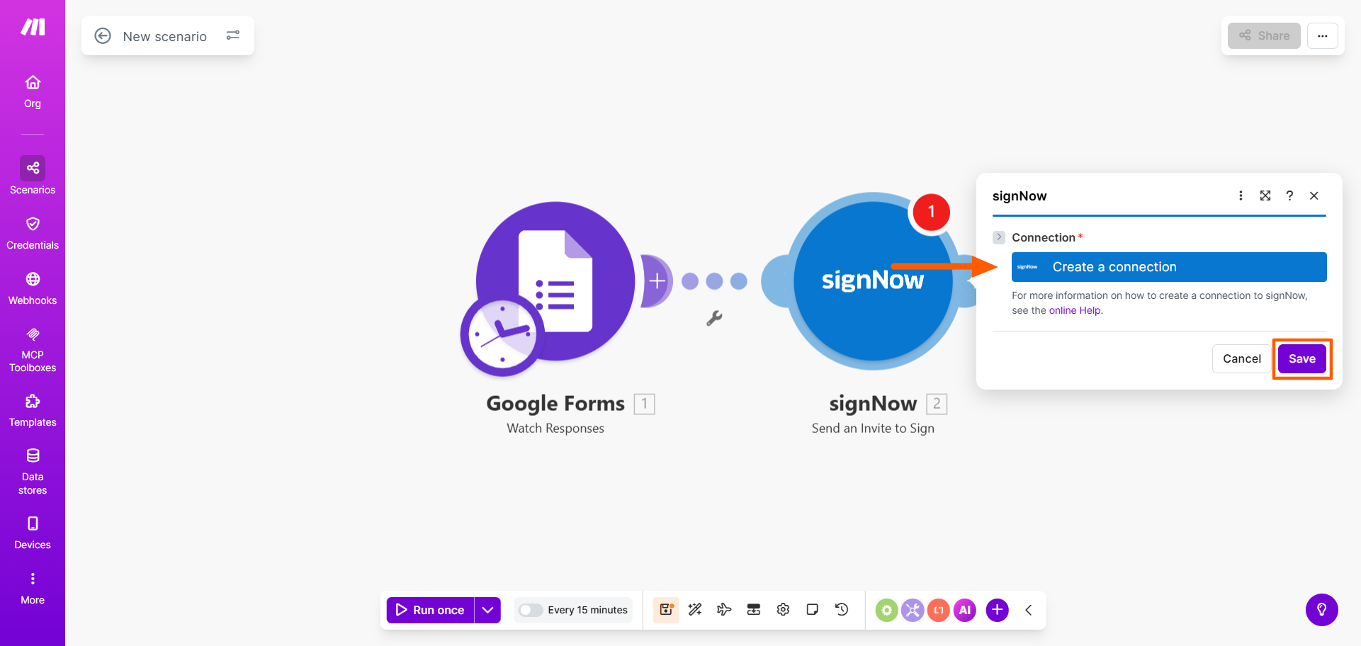 Screenshot of the Make scenario editor with the SignNow module selected, showing the “Create a connection” option and Save button to connect a SignNow account