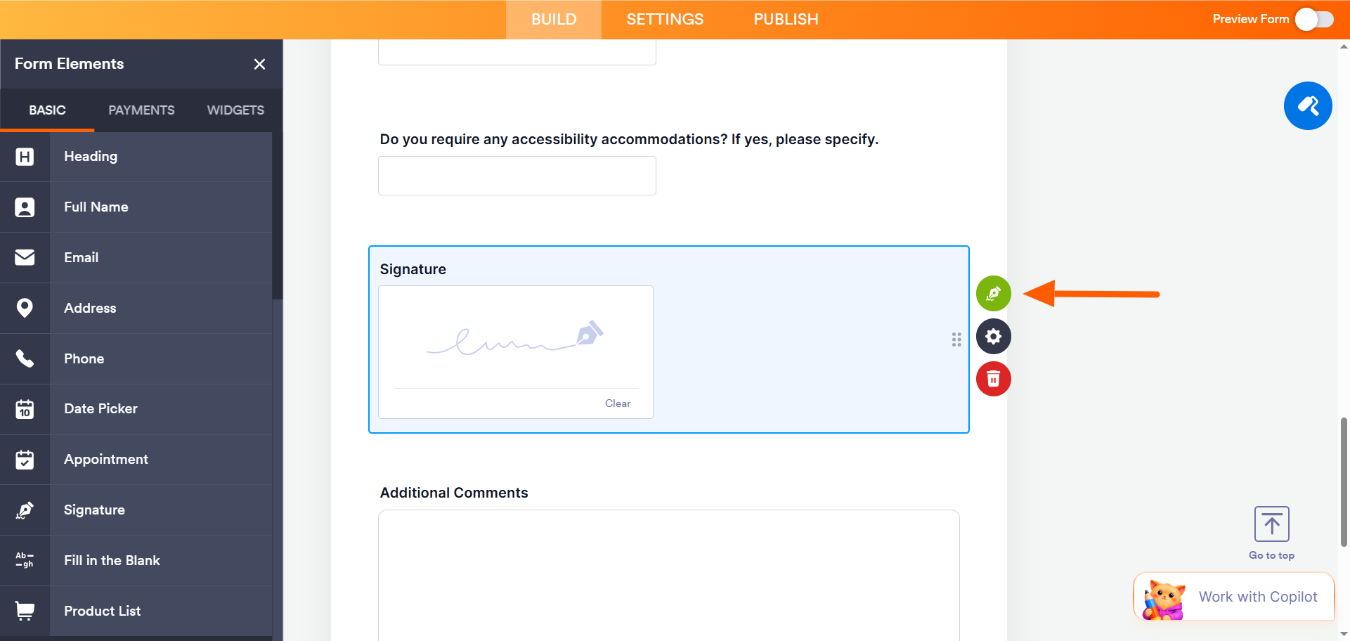 Screenshot of the Jotform Form Builder showing a Signature field on the form, with the Sign Automation (green pen) icon highlighted next to it