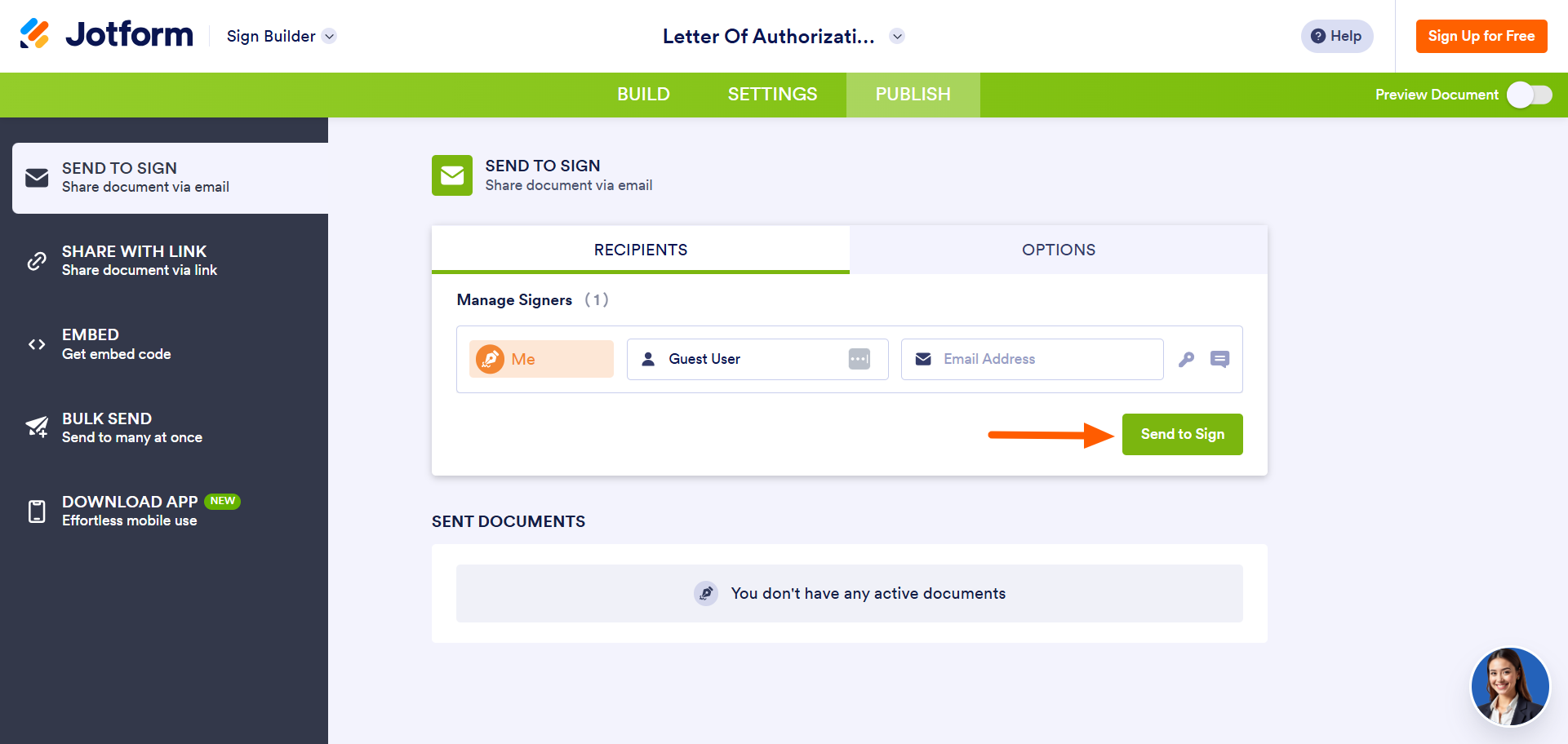 Screenshot of the Publish tab in Jotform Sign highlighting the “Send to Sign” button used to send the document for signature