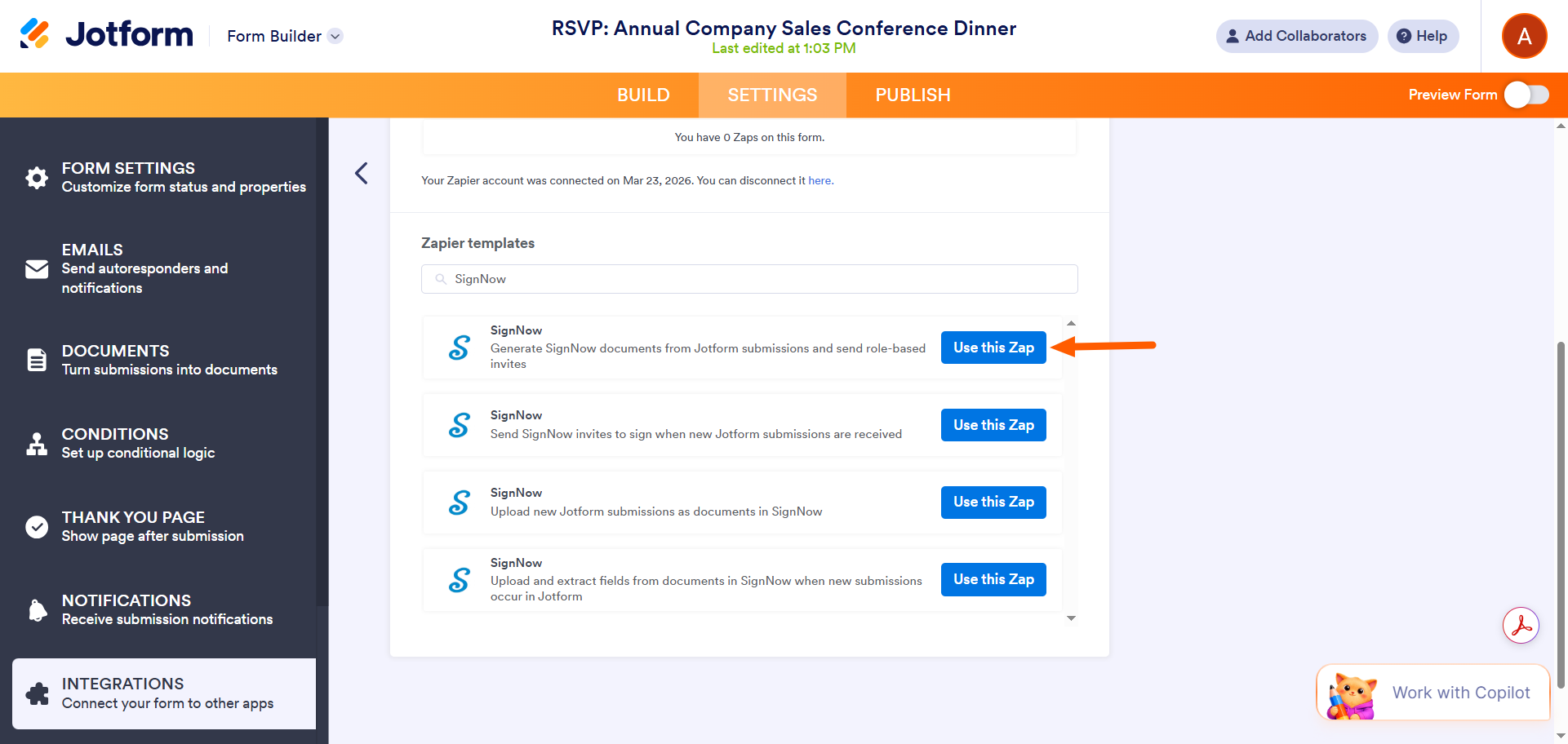 Screenshot of the Zapier templates list within Jotform, highlighting the “Use this Zap” buttons for SignNow-related automations