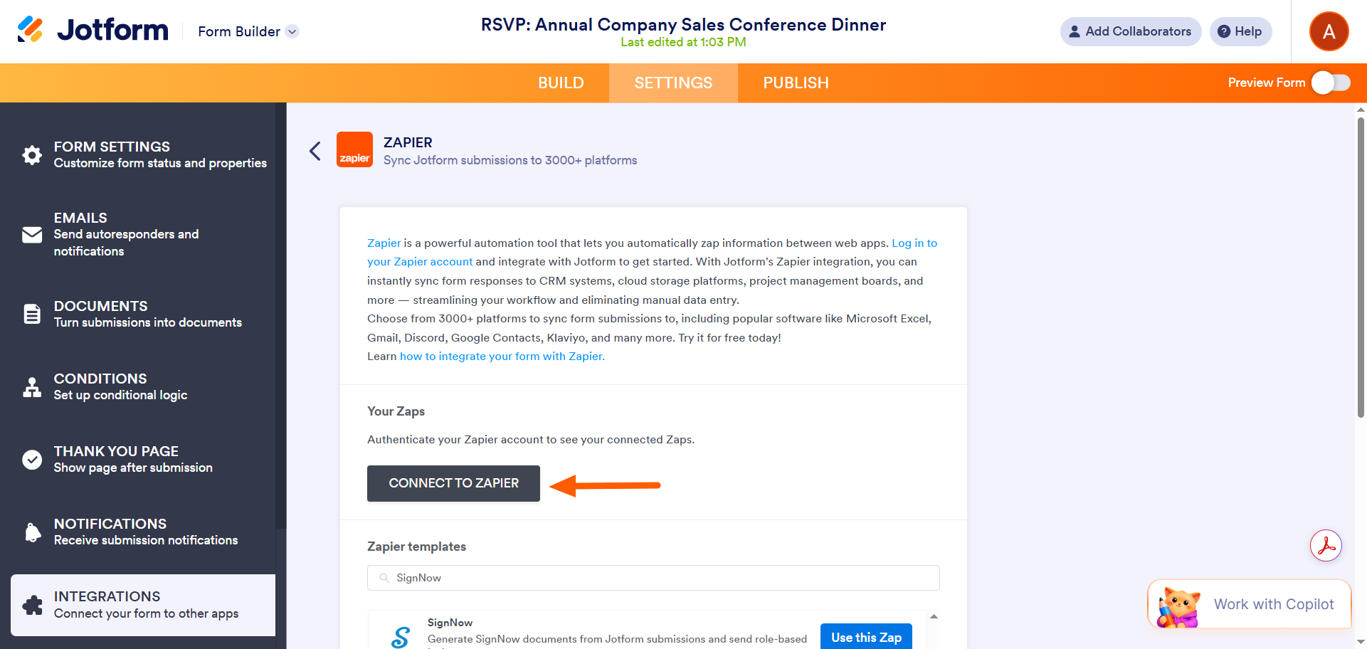 Screenshot of the Jotform Form Builder Integrations section showing the Zapier panel, with the “Connect to Zapier” button highlighted