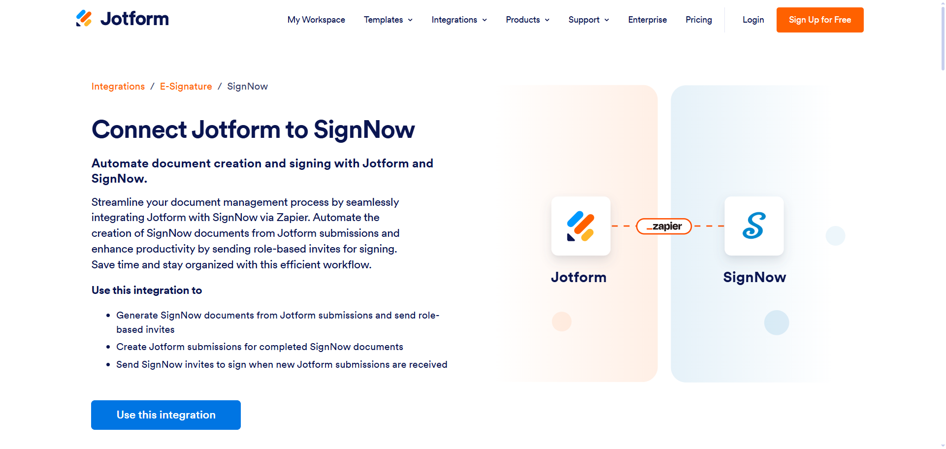 Screenshot of the Jotform SignNow integration page showing an overview of the integration and a “Use this integration” button